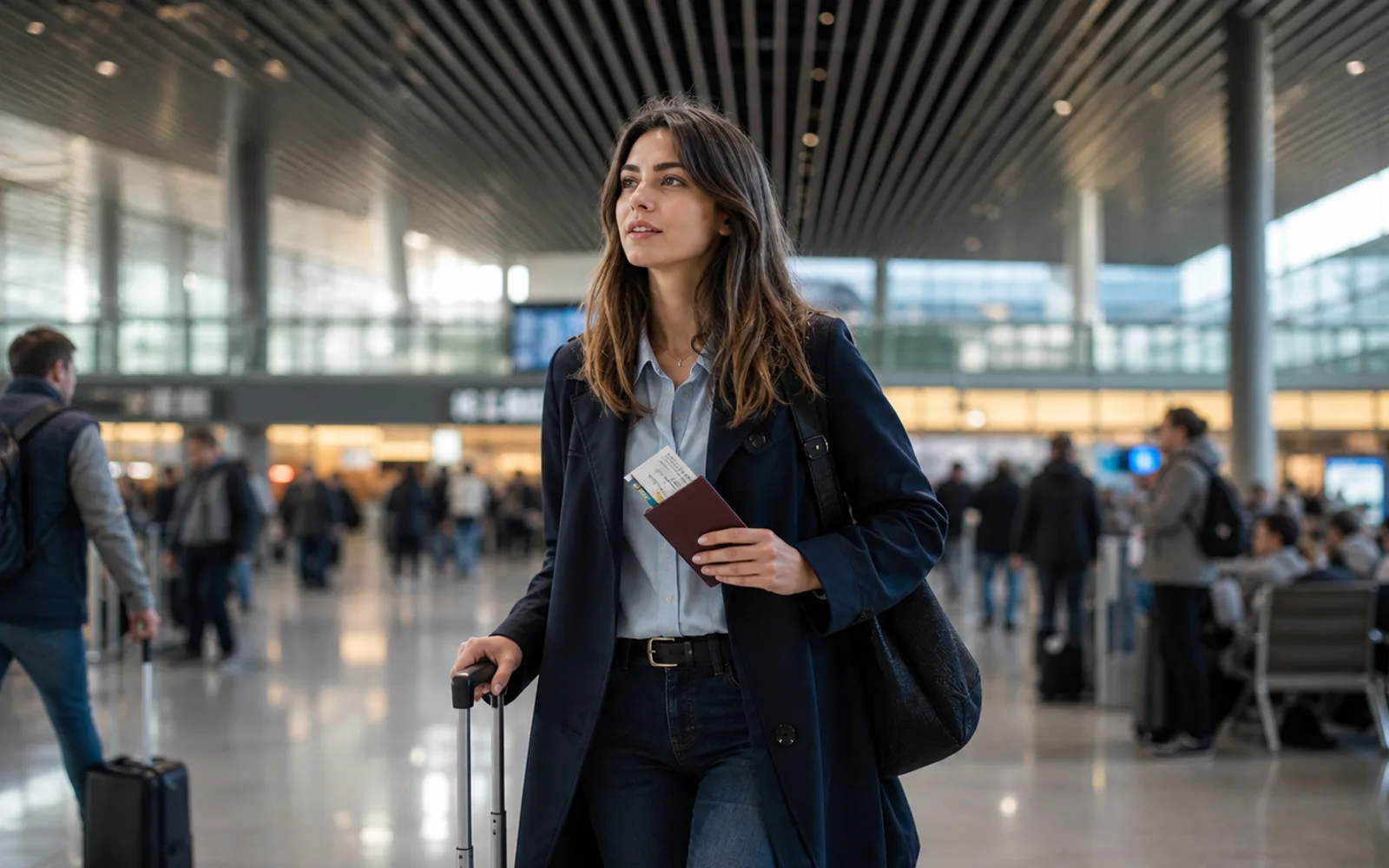 International traveller crossing a modern airport terminal with passport and luggage
